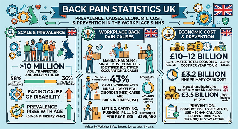 Worker holding their lower back while lifting a box, illustrating UK back pain statistics