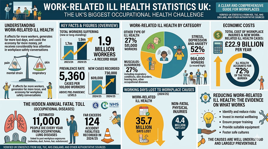 UK worker holding their lower back, illustrating work-related ill health statistics