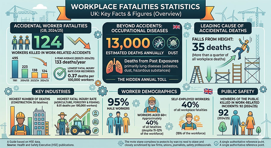 Construction worker on scaffolding at height, illustrating the leading cause of UK workplace fatalities
